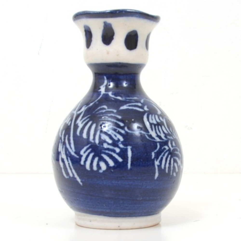 "Vintage Blue and White Studio Pottery Bud Vase Hand Painted Folk Art Mini 5""